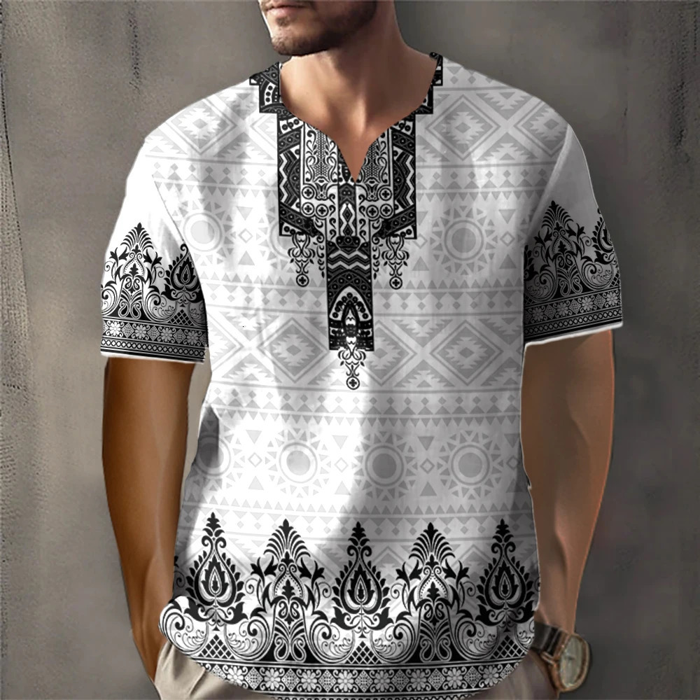 African traditional retro mens T-shirt retro ethnic style printed T-shirt loose short sleeved T-shirt oversized mens clothing top240808