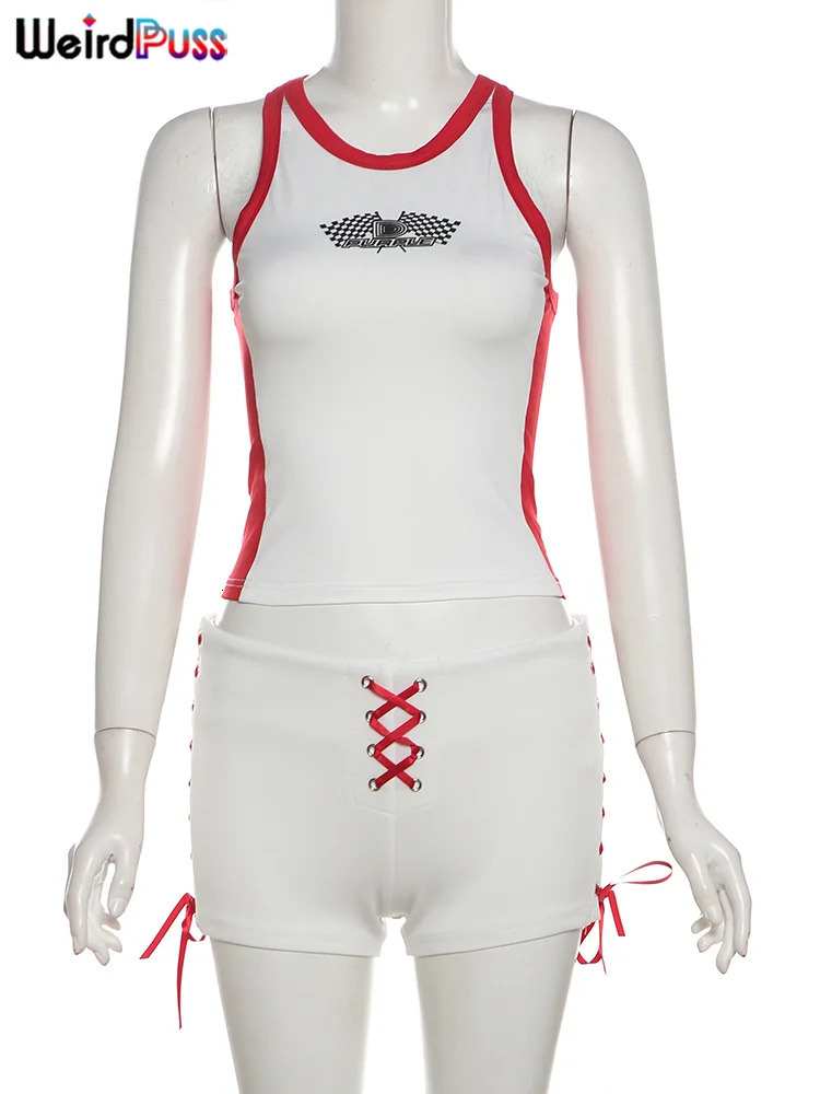 Weird Puss Casual Women Tracksuit 2 Piece Set Letter Print Red Edging Tank TopsShirring Bandage Shorts Sporty Activity Outfits 240808
