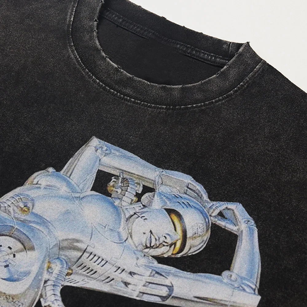 Punk Cool Robot Graphic Print T-shirt for Men Y2K Washed Black Short-sleeve Tops Trend Oversized Round Neck Men and Women Tshirt 240808