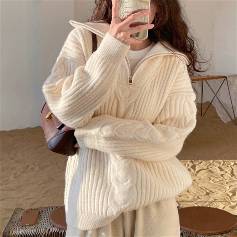 Autumn new lapel lazy style pullover solid color sweater women wear loose Fried Dough Twists knitwear women's blouse thickened dongdumaoyi