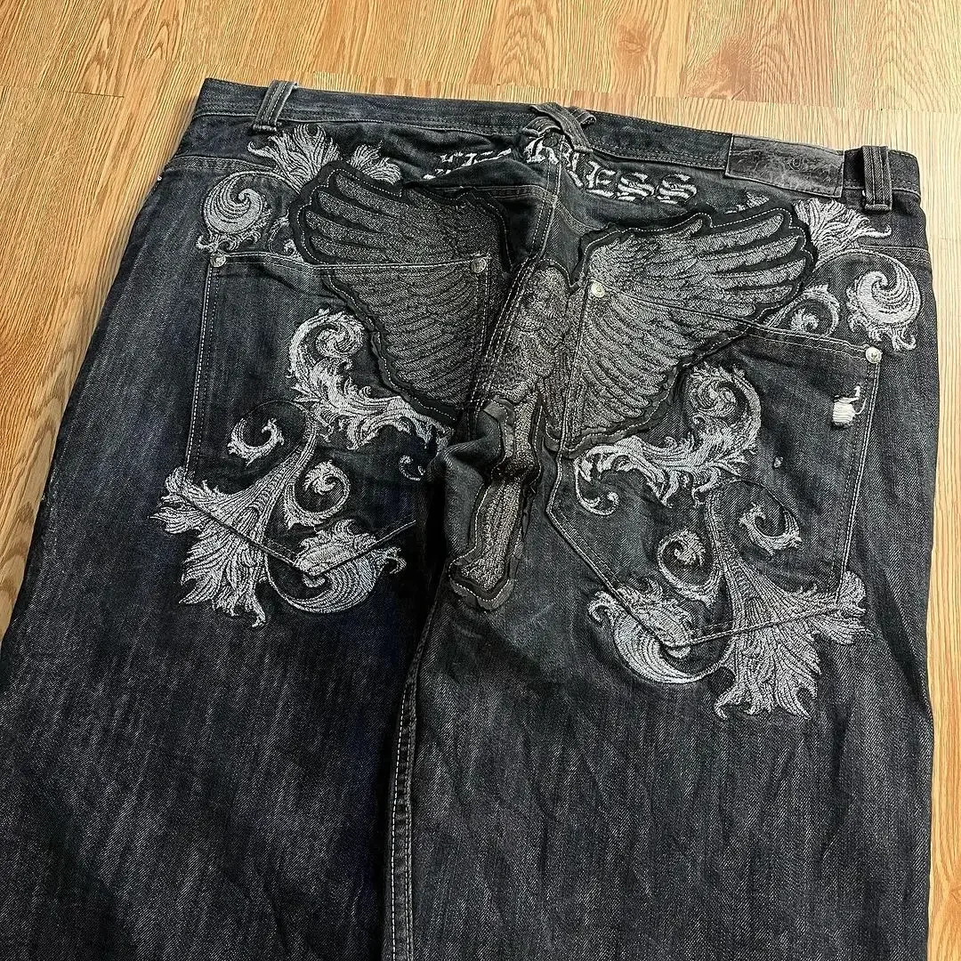 2024 American Retro Skull Wings Embroidered Baggy Jeans Men And Women Y2K Harajuku Hip-hop Gothic Wide Trousers Streetwear 240808