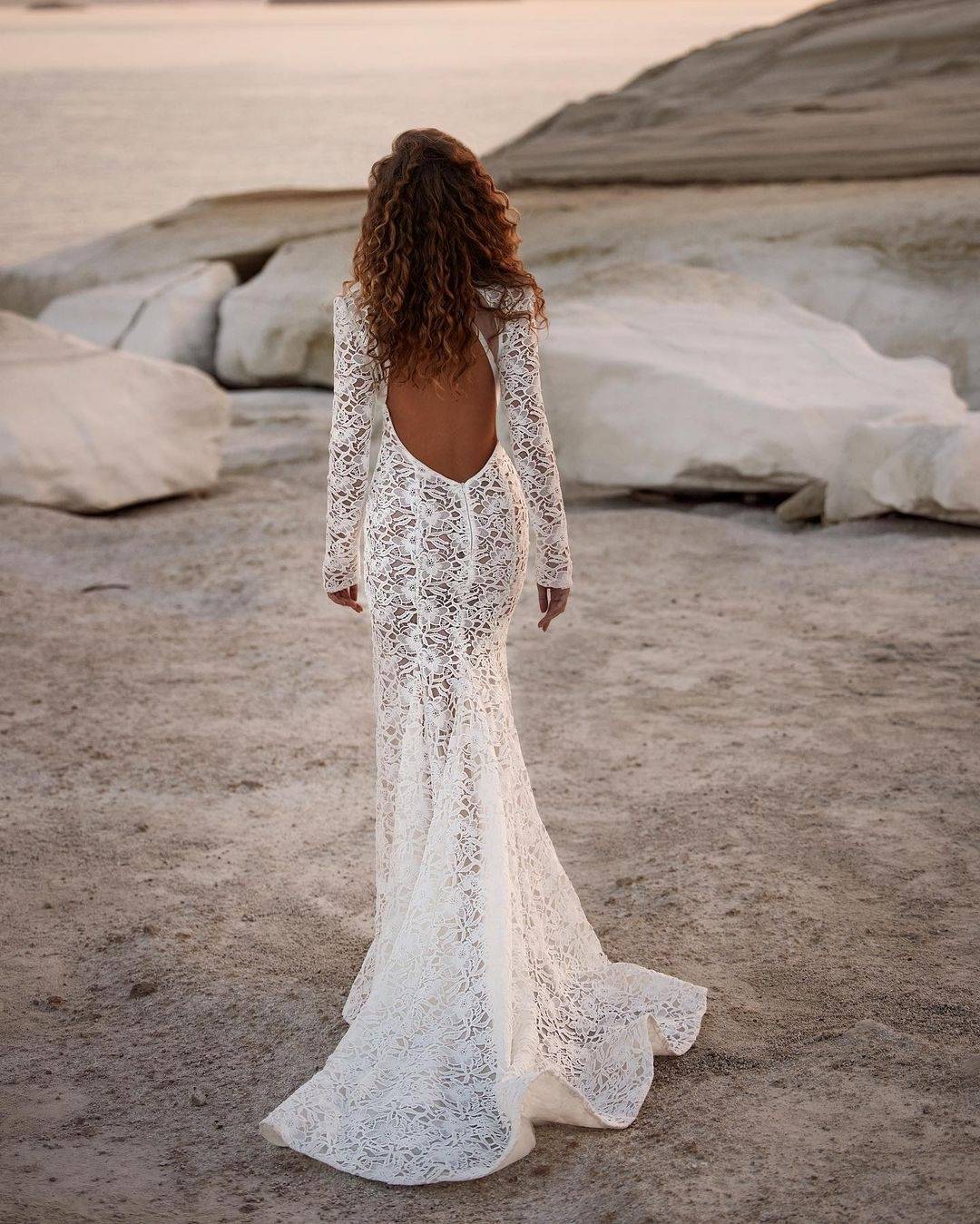 Sexy Mermaid Wedding Dress High Neck Long Sleeve Bride Gowns Sheer Backless Lace Ruffles Sweep Train Bridal Dresses