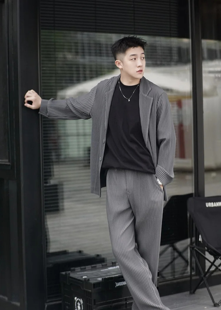 Miyake pleated mens jacket casual simple single chest set Japanese stretch fabric 240808