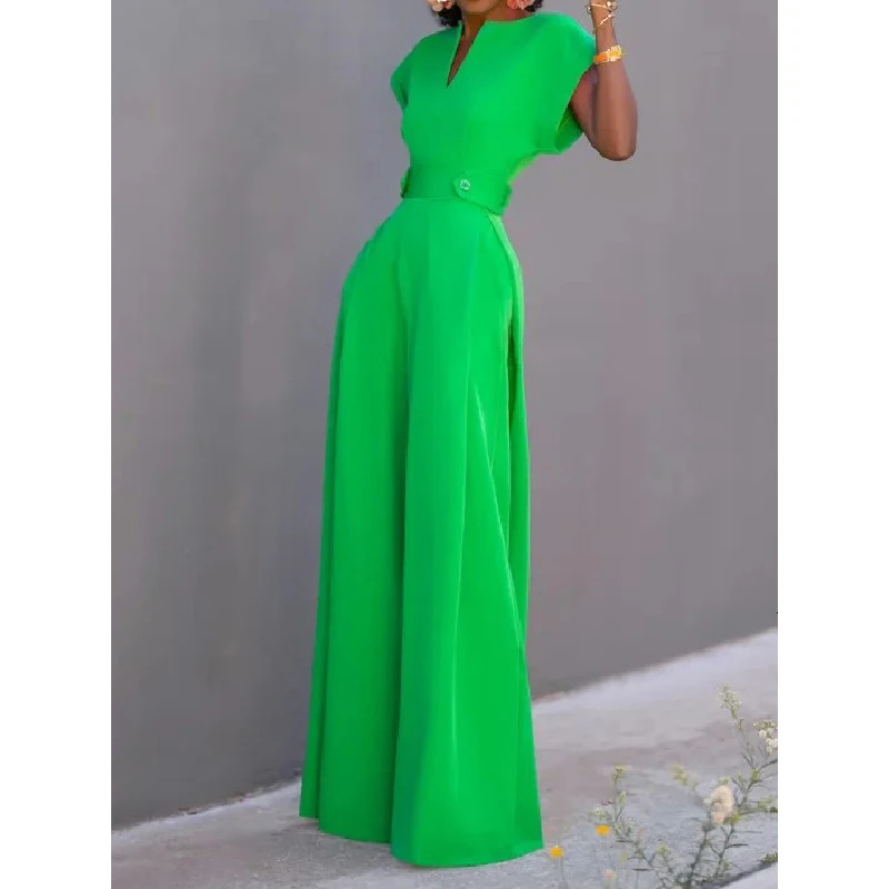 Krisnanas Womens Cap Sleeve Wide Leg Solid Color Jumpsuits for Urban Simple Ocn 240808