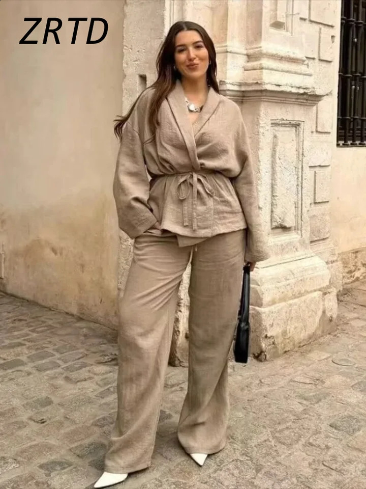 Vintage Lace Up Pants Sets Women Loose Lapel Long Sleeve Shirts Wide Leg Trouser Spring Summer Womens 2-piece Pant Set 240809