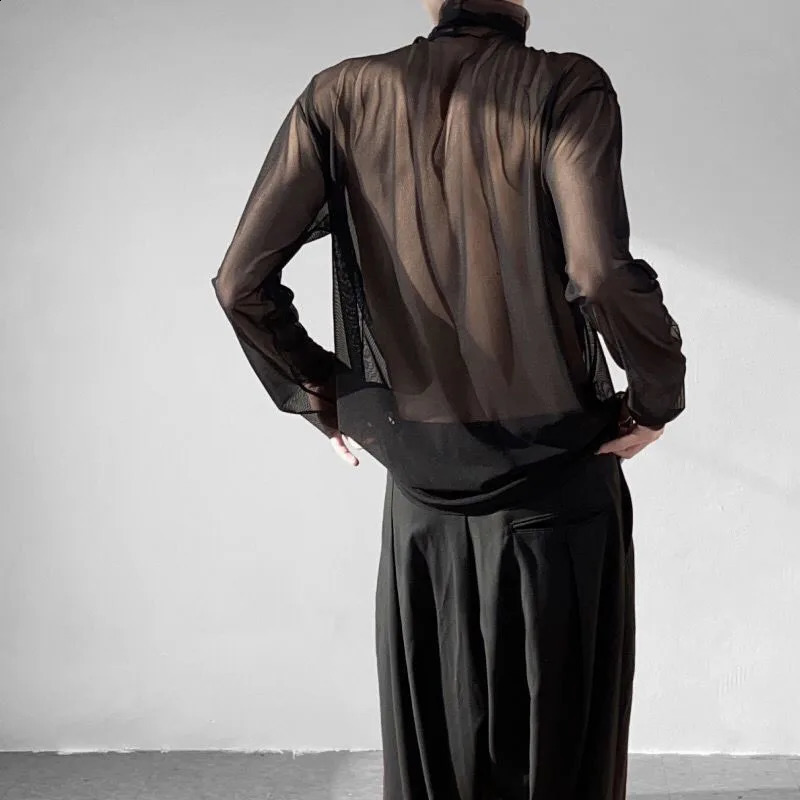 Man Summer Fashion Long Sleeve Net Yarn Tops Turtleneck All-match Solid Color Sunscreen Clothing T-shirt 240809