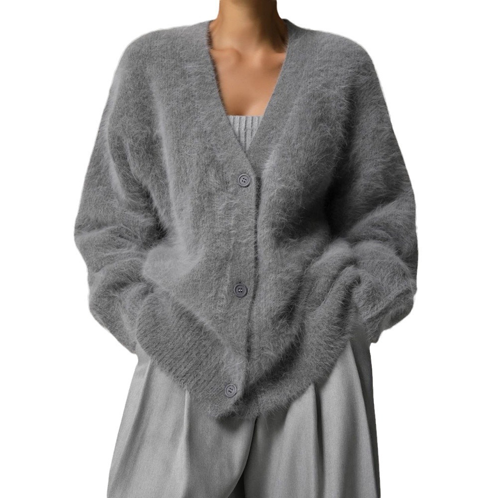 Imitation Mink Wool Knitted Sweater Cardigan Autumn/winter Lazy Loose Long Sleeved V-neck Sweater Jacket for Women