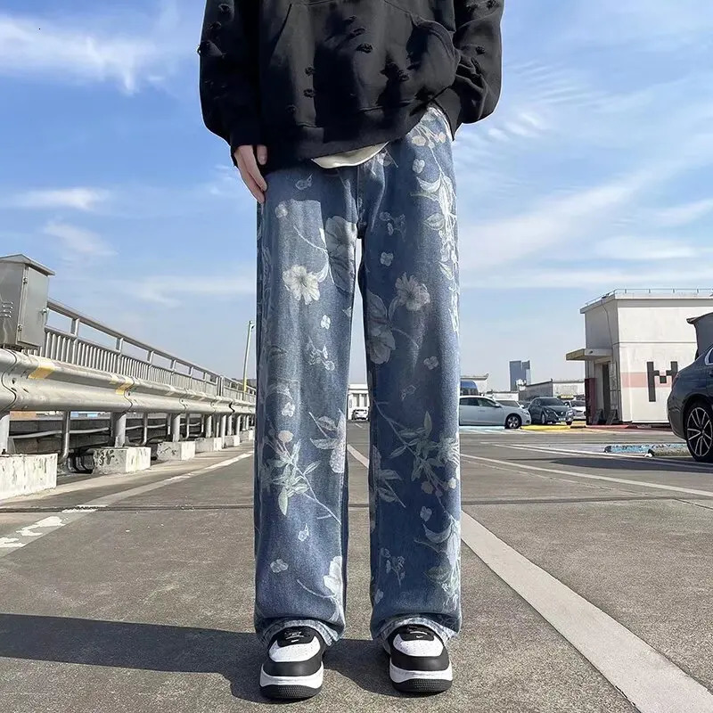 Printed Jeans Spring Korean Style Mens Floral Denim Pant High Street Loose Straight Couples Trousers baggy hosen herren 240821