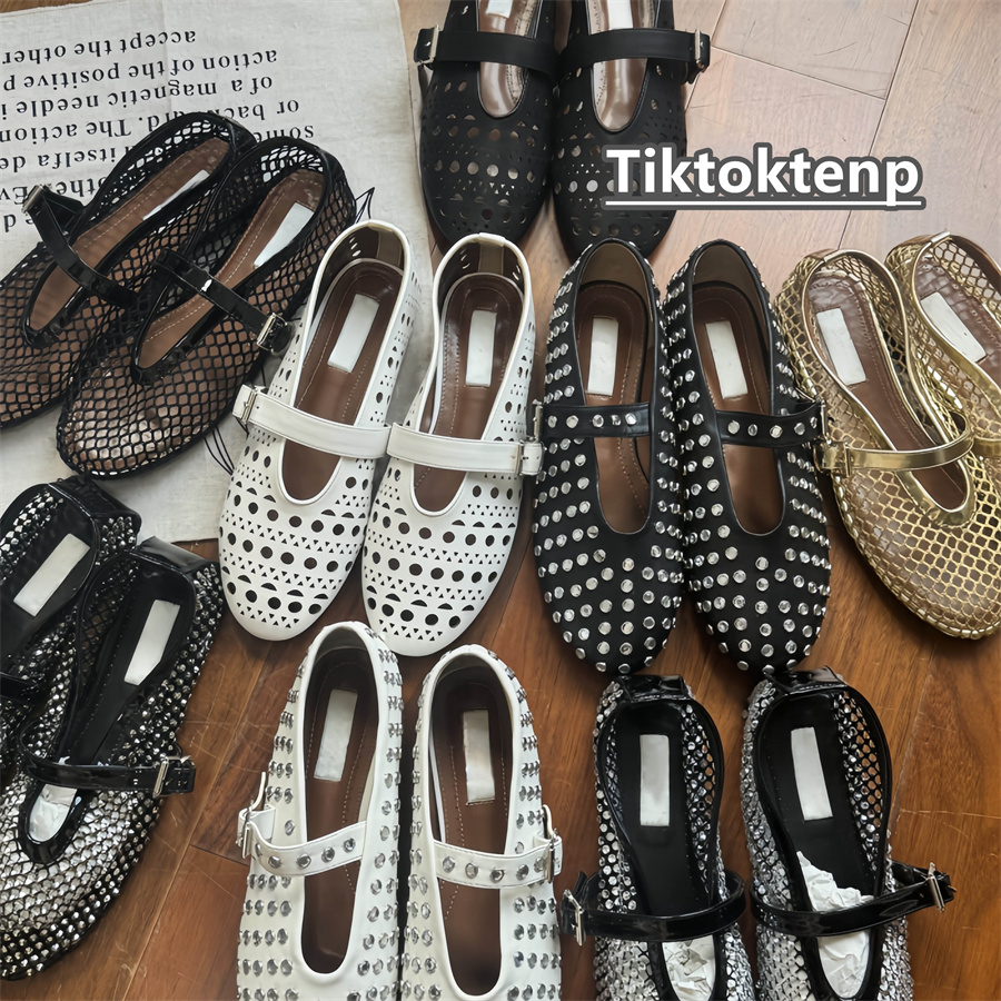 Designer Shoes mesh ballet Women Ballet Flats Hollowed Out Mesh Sandal Round Head Rhinestone Rivet Buckle Mary Genuine Leather Jane Loafers