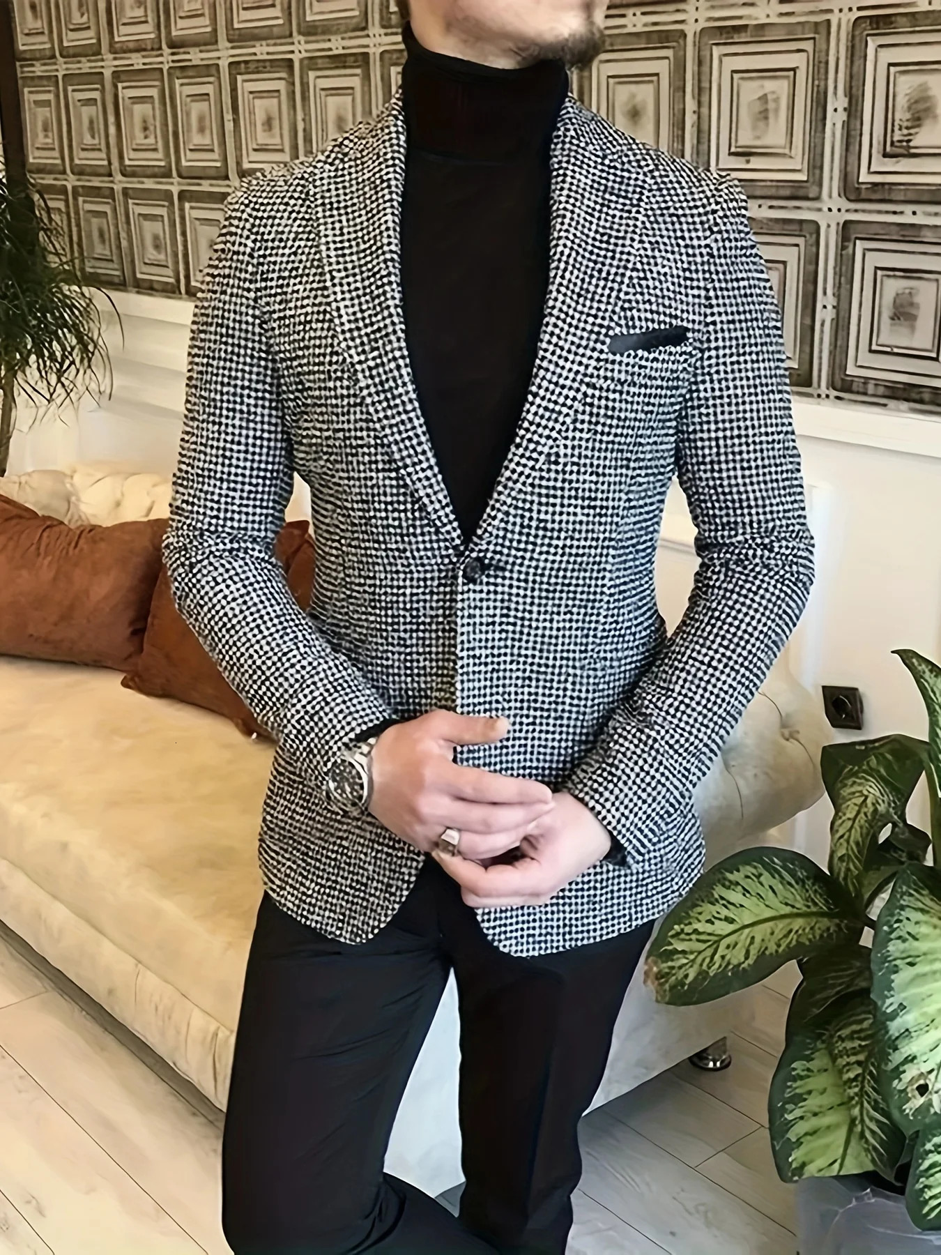 Mens Blazer Allover Kilobird Pattern Long Sleeve Classic Lapel Suit Jacket Formal Dress For Wedding Banquet Business Occasion Y24