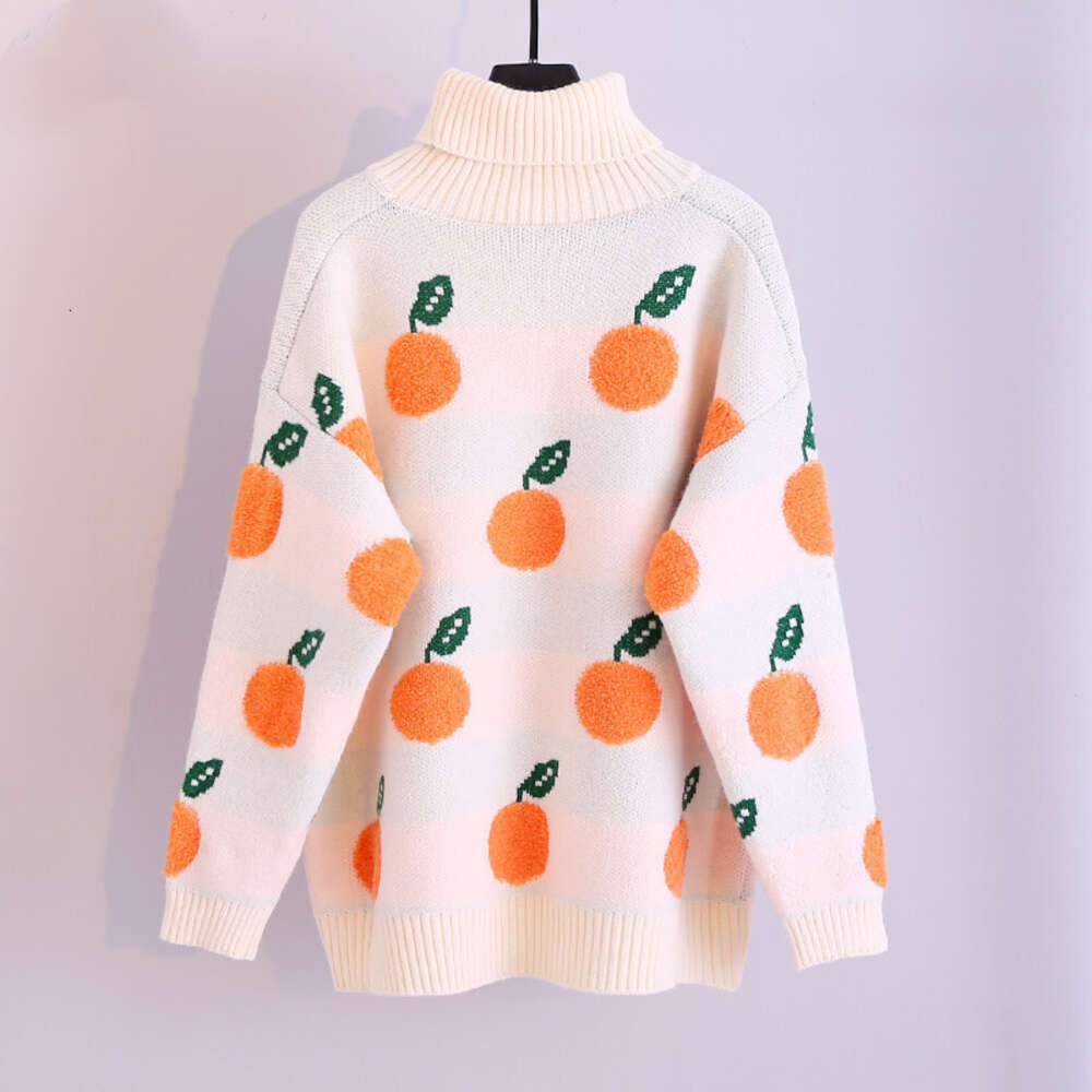 2022 autumn and winter new casual loose orange pattern high neck long sleeved knitted pullover sweater for women dongdumaoyi