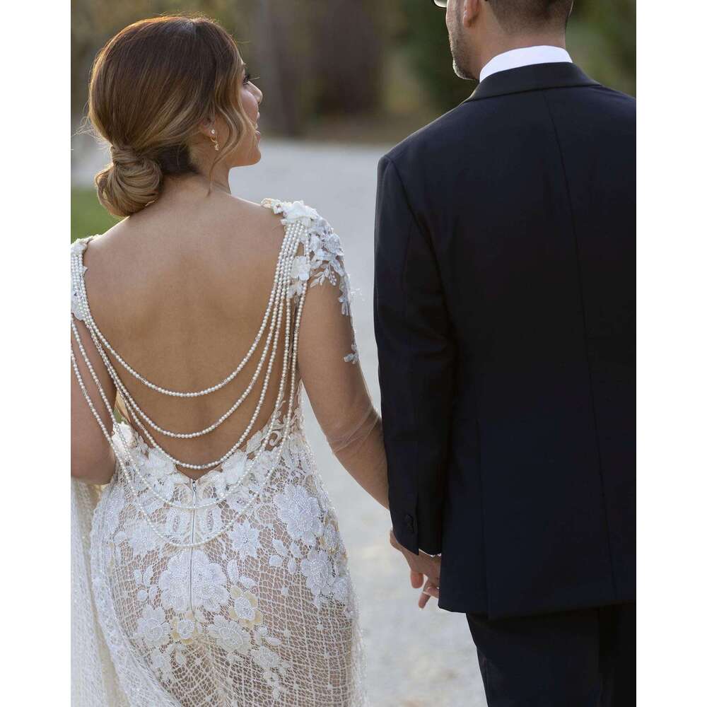 Wedding BABYON Dress Sparking Wers Lace V Neck Appliques Sexy Illusion Long Sleeve Back Hang Pearls Chains Mermaid Gown