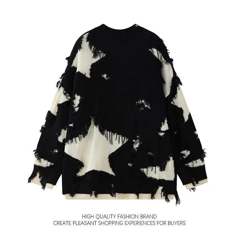 Star Hole sweater niche in the United States primitive edge Tattered style spliced flower mens fashion heavy industry knitted sweater trend240808
