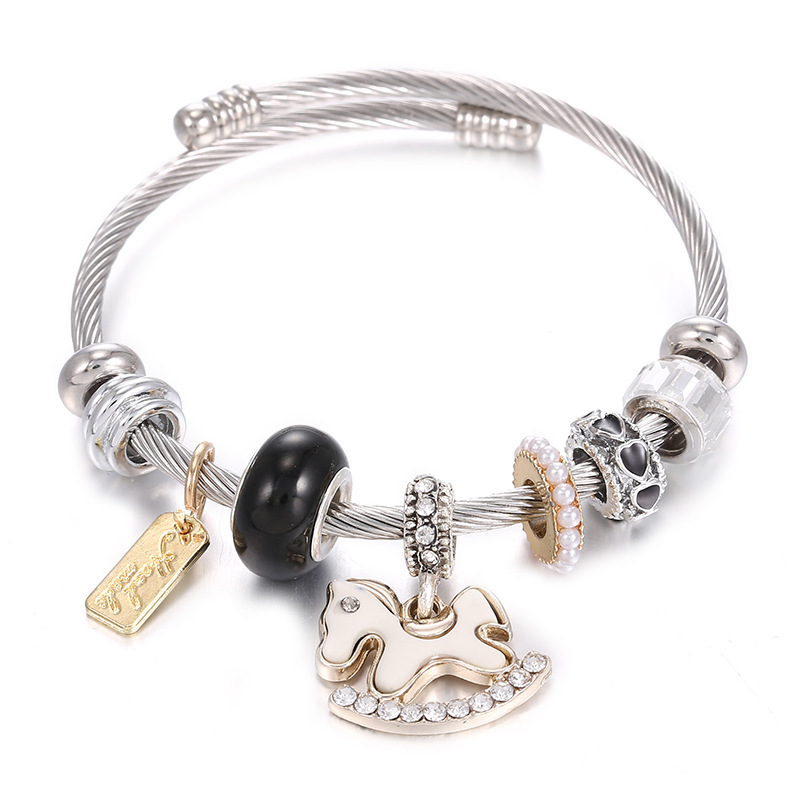 Octagonal Star Pink Love Crown Pony Beaded Stainless Steel Women's Bracelet