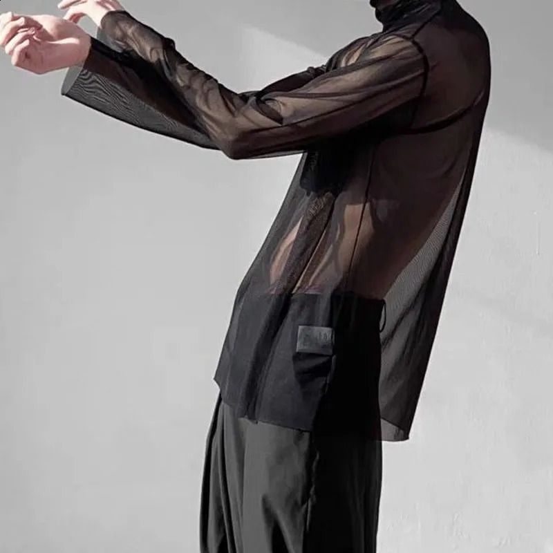 Man Summer Fashion Long Sleeve Net Yarn Tops Turtleneck All-match Solid Color Sunscreen Clothing T-shirt 240809