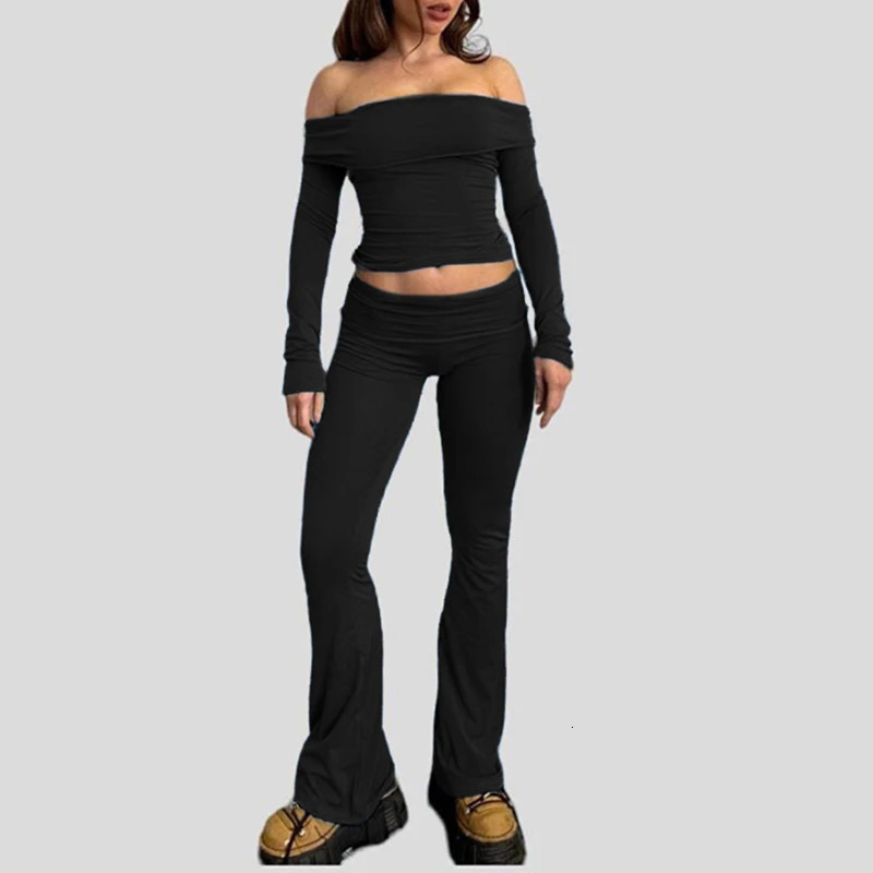 Cuteandpsycho Slash Neck Top and Casual Pants Sets Womens Two Pieces Of Outfits Streetwear Solid Fashion Y2K Basic Slim Clothes 240808