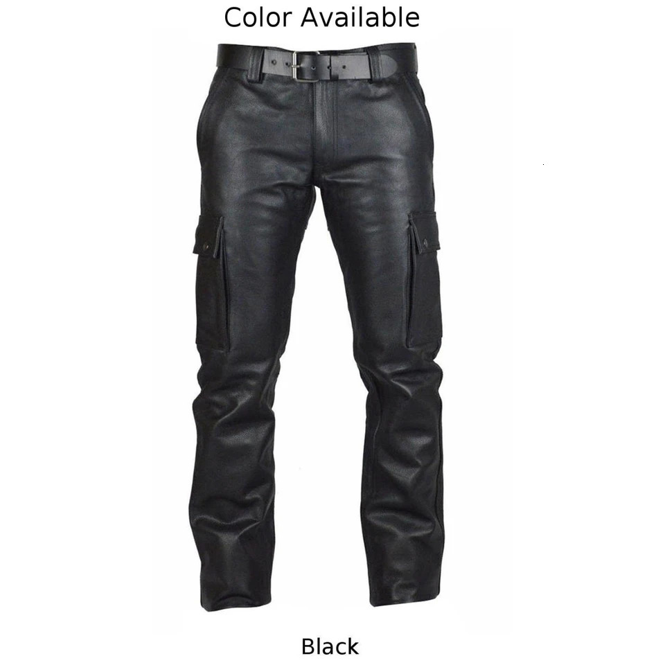 Mens punk PU leather straight pants ultrathin suitable for motorcycle mens Trouser Treedy streetwear casual cargo with pockets 240808