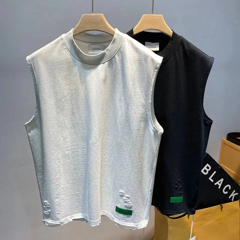 Summer Tear Hole O-neck Mens Tank Top Fashion Personality Casual 2xl Oversized T-shirt Sportswear Daily Street Black and White240808