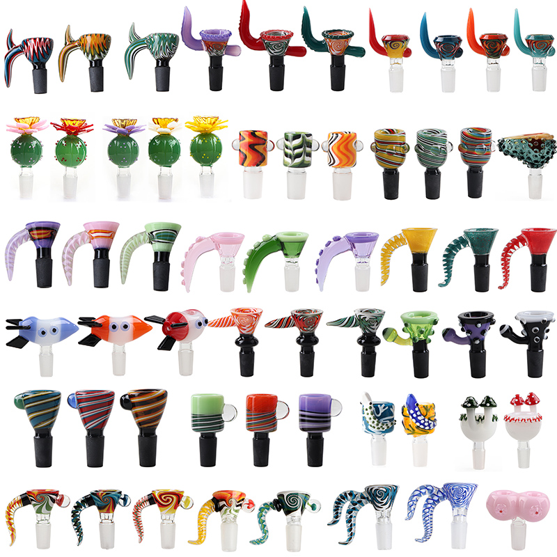 Newest 20 style High Quality 14mm glass bowl Male Joint Handle Beautiful Slide bowl piece smoking Accessories For Bongs Water Pipes