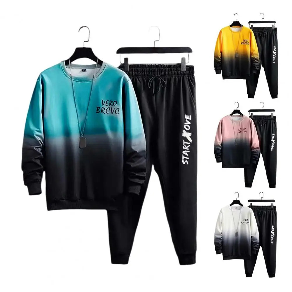 Men Casual Two-piece Suit Mens Gradient Contrast Color Tracksuit Set with Loose Fit Top Elastic Waist Pants for Hip Hop Sports 240813