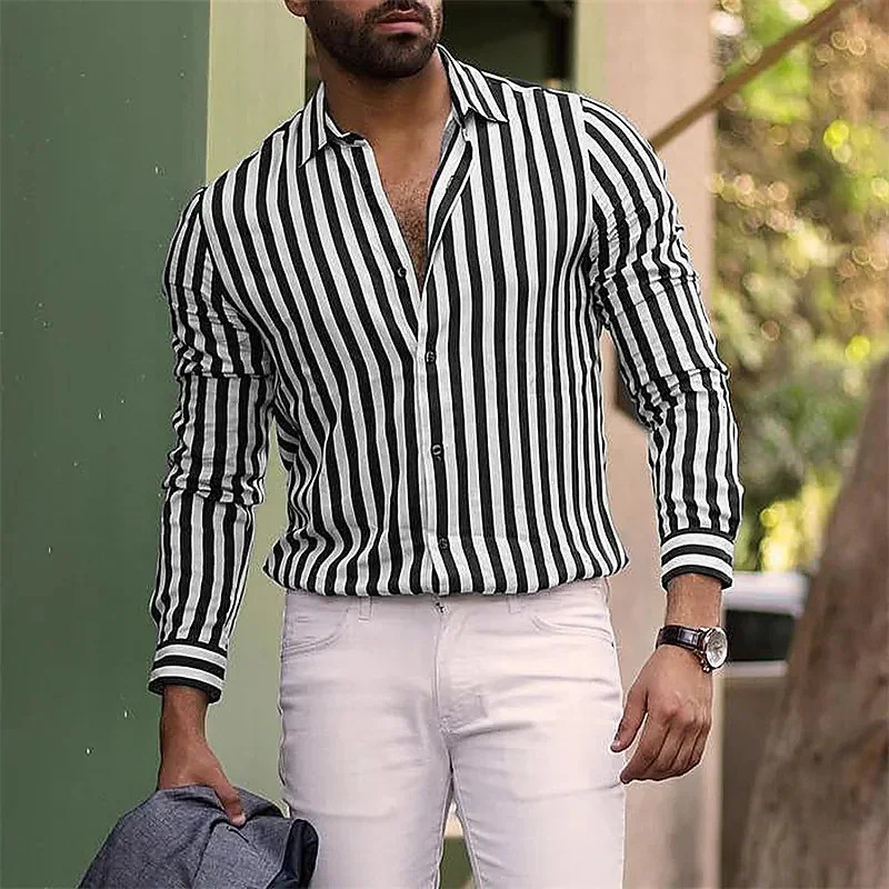 Mens button down shirt casual black reddish brown long sleeved striped street daily clothing fashionable and 240808