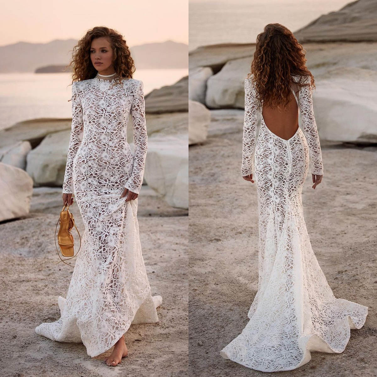 Sexy Mermaid Wedding Dress High Neck Long Sleeve Bride Gowns Sheer Backless Lace Ruffles Sweep Train Bridal Dresses