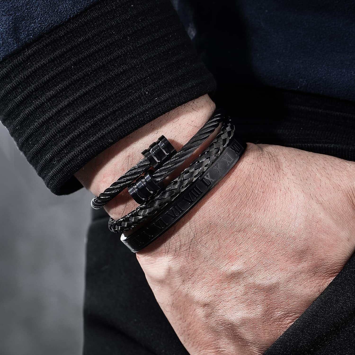 3-piece combination stainless steel woven for men, Roman numeral bracelet, twisted rope adjustable cuff bracelet