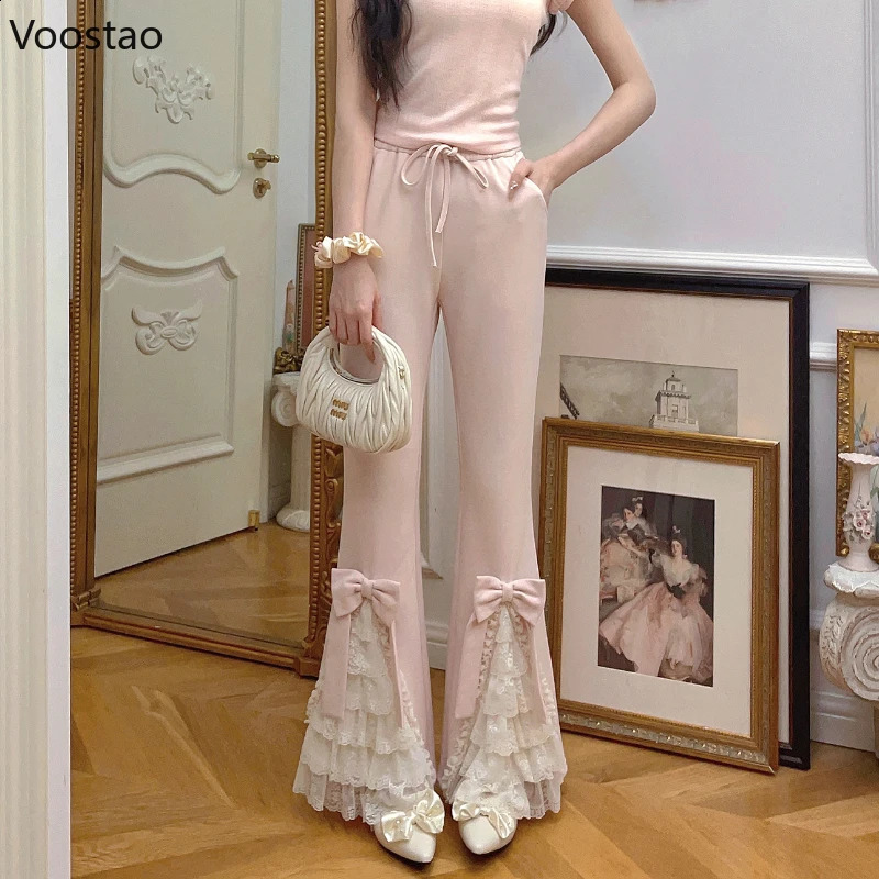 Pink Sweet Lolita Style Pants Women Vintage Kawaii Bow Lace Ruffles Flared Pants Female Korean Elegant Casual Fairy Trousers 240809