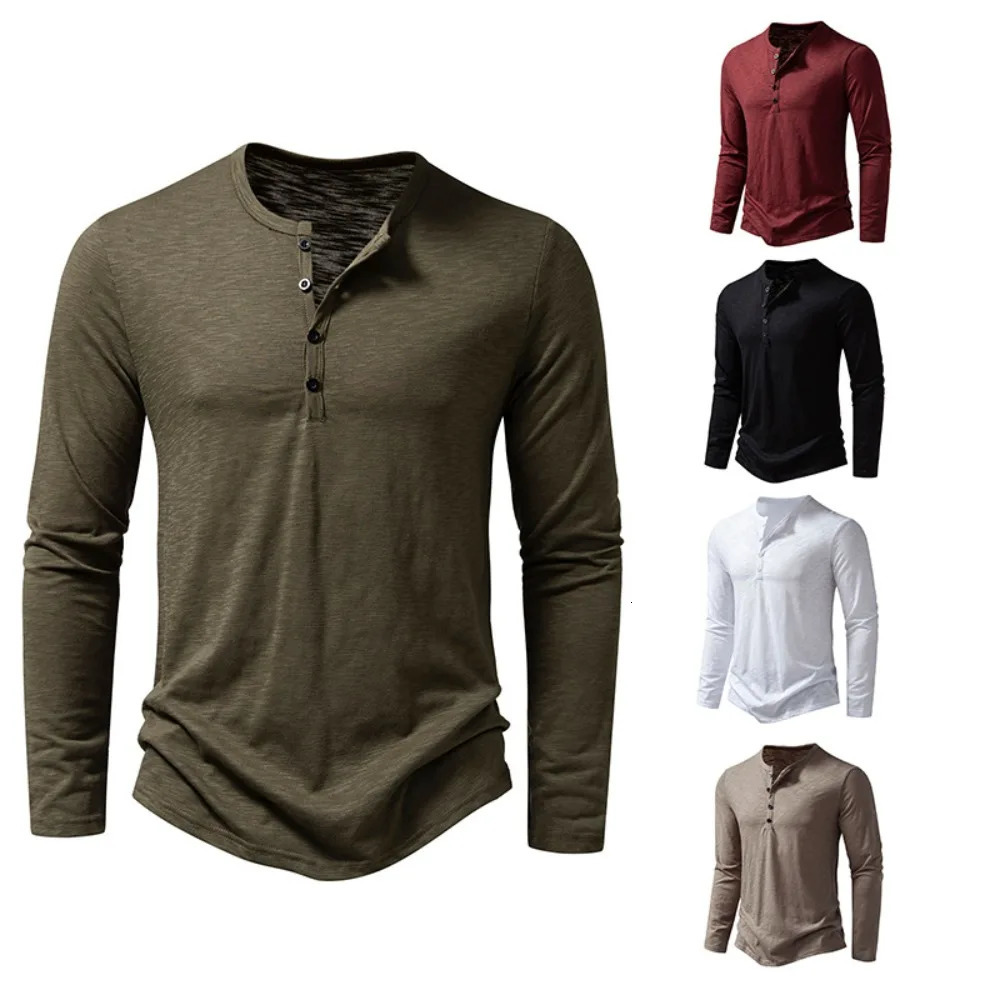 Mens cotton button Henry collar shirt long sleeved casual solid color fashionable Tshirt 240808