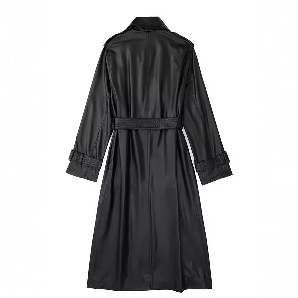 Autumn and Winter Long Oversized Black Pu Leather Trench Coat for Women Belt Double Breasted Loose Casual Korean Fashion 240809