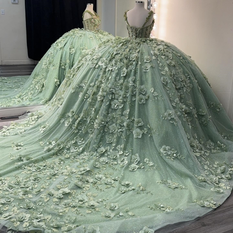 Mint Green Princess Quinceanera Dresses Off Shoulder 3D Floral Beads Tull Ball Gown Coset vestido 15 quinceaneras dorado Sweet 16