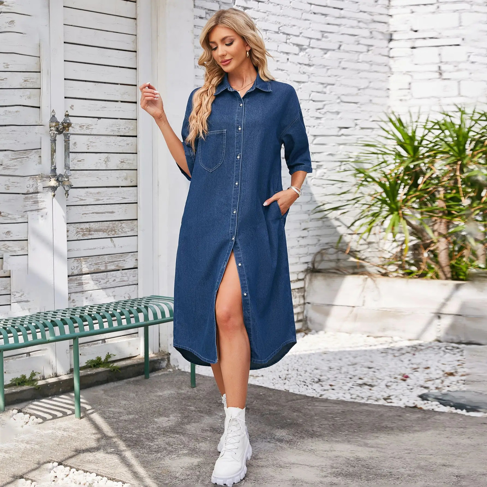 Casual Denim Shirt Dress Womens Button Retro Elegant Washed Dress Short Sleeved Simple Loose Long Dresses For Ladies 240808