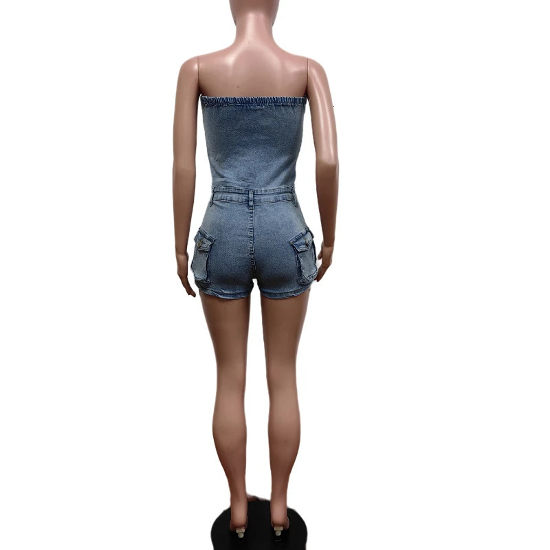 Sexy Tube Strapless Denim Romper Women Jumpsuit Singlebreasted Multi Pockets Party Club One Pieces Playsuit Combinaison Short 240808