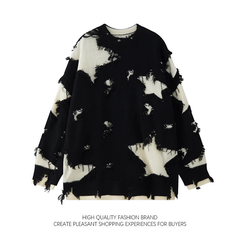 Star Hole sweater niche in the United States primitive edge Tattered style spliced flower mens fashion heavy industry knitted sweater trend240808