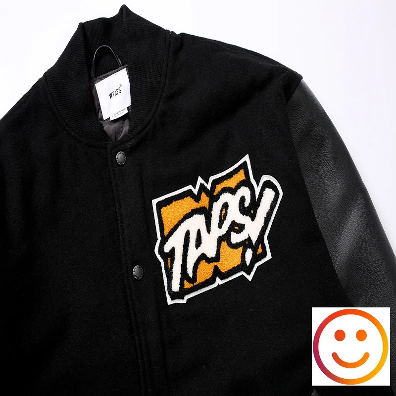 Leather WTAPS Embroidered Towel Patch University Baseball Jacket Japan Mens And Womens Quality Work Black Coat 24