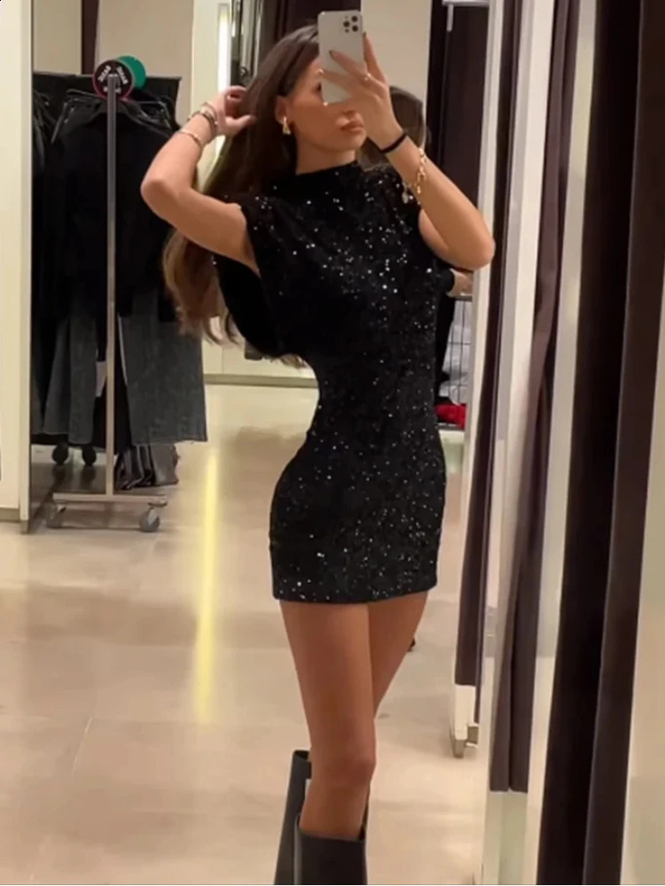Fashion Sequin Mini Dress for Women Elegant O-Neck Fly Sleeve Shiny Short Dress Female Chic Club Evening Party Vestidos 240809