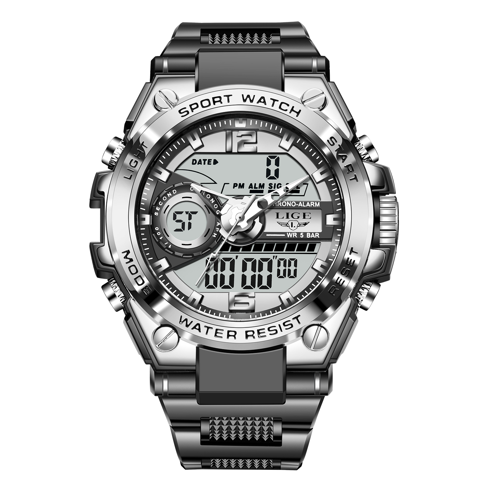 LIGE fashion new men's dual display electronic watch multifunctional waterproof night light sports timing code watch