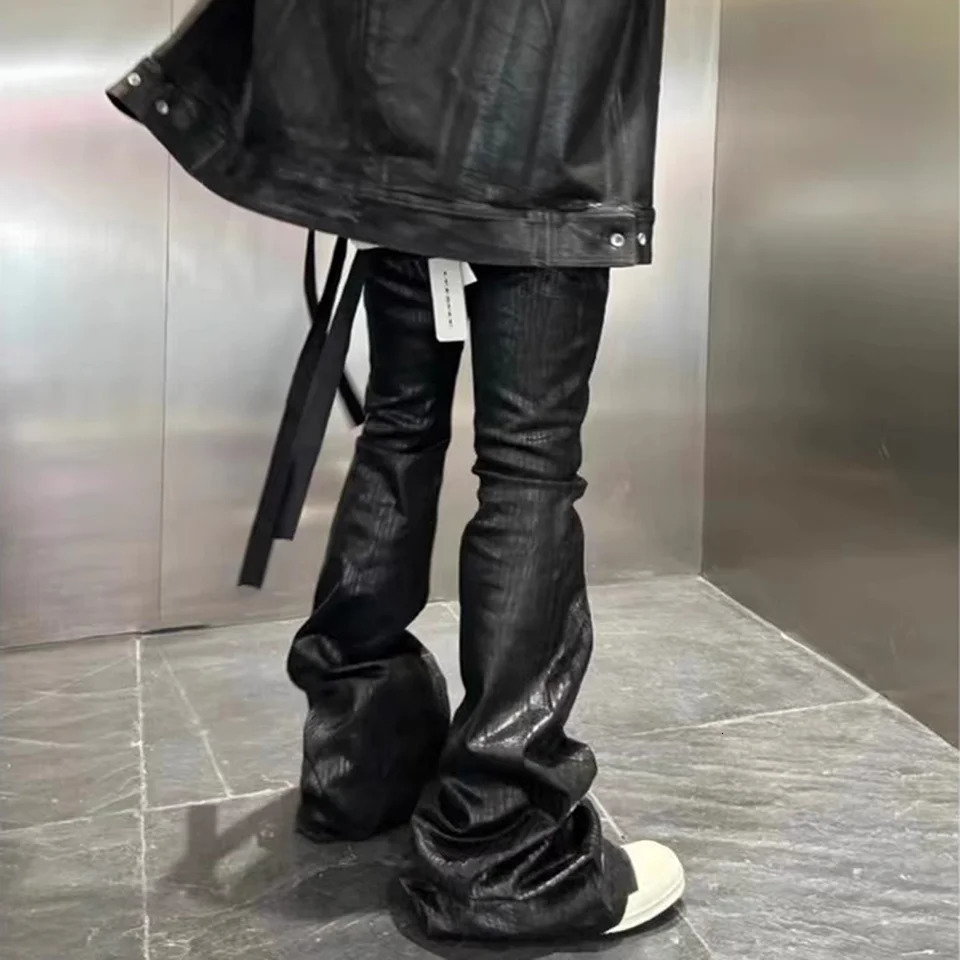 Streetwear Black Wax Leather Strecth Jeans for Men Ropa Hombre Baggy Y2k Flare Pants Oversized Straight Denim Trousers 240821