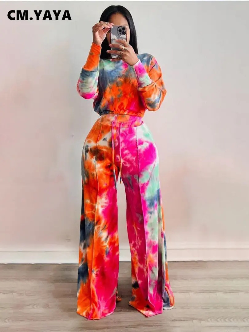 CMYAYA Tie Dye Womens Tracksuit Off Shoulder Long Sleeve Tshirt and Loose Pants Matching Two 2 Piece Set Outfits Sweatsuit 240808