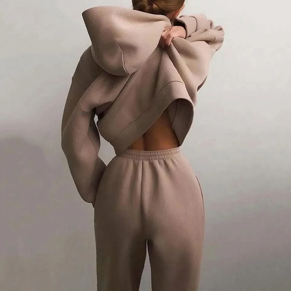 Stylish 2 Piece Women Tracksuit Autumn Winter Hoodies Top Pant Sweatshirts Sweatpants Jogging Pant Outfits Solid Color 240809