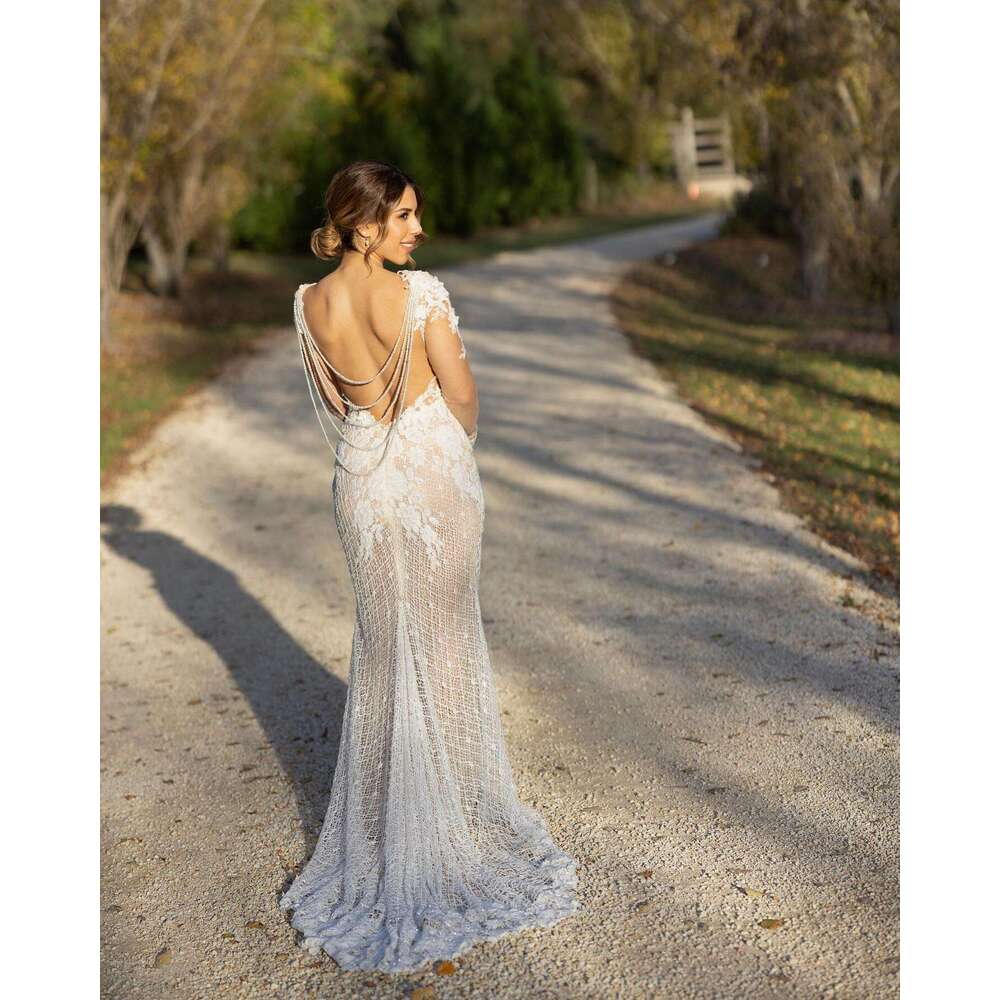 Wedding BABYON Dress Sparking Wers Lace V Neck Appliques Sexy Illusion Long Sleeve Back Hang Pearls Chains Mermaid Gown