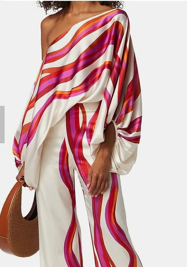 Pant Sets Two Piece Y2k Print Lantern Sleeve Satin Top Wide Leg Pant Suit Women Sexy Off Shoulder Long Sleevee Work Outfit 240809