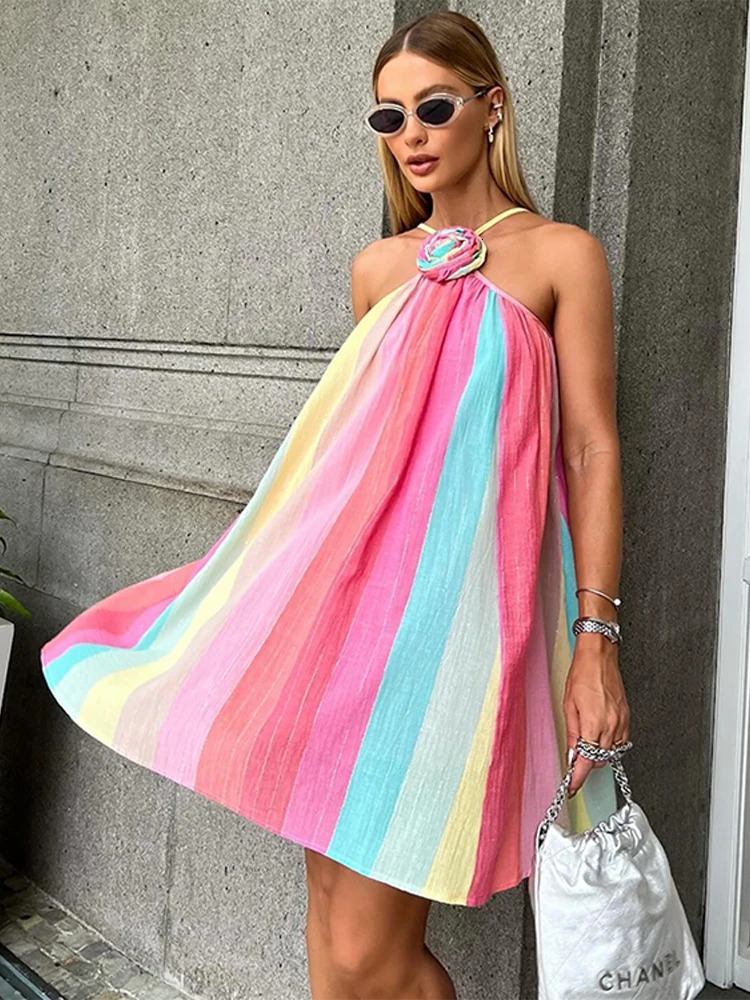 Womens flower rack fashion summer mini dress latest solid sleeveless strapless womens party beachwear 240809