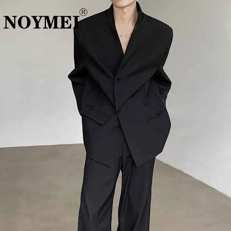 NOYMEI Temperment Black Suit Jack Belt Fashionable 2024 Spring Mens All match sexy jacket collarless mens WA3766 240808