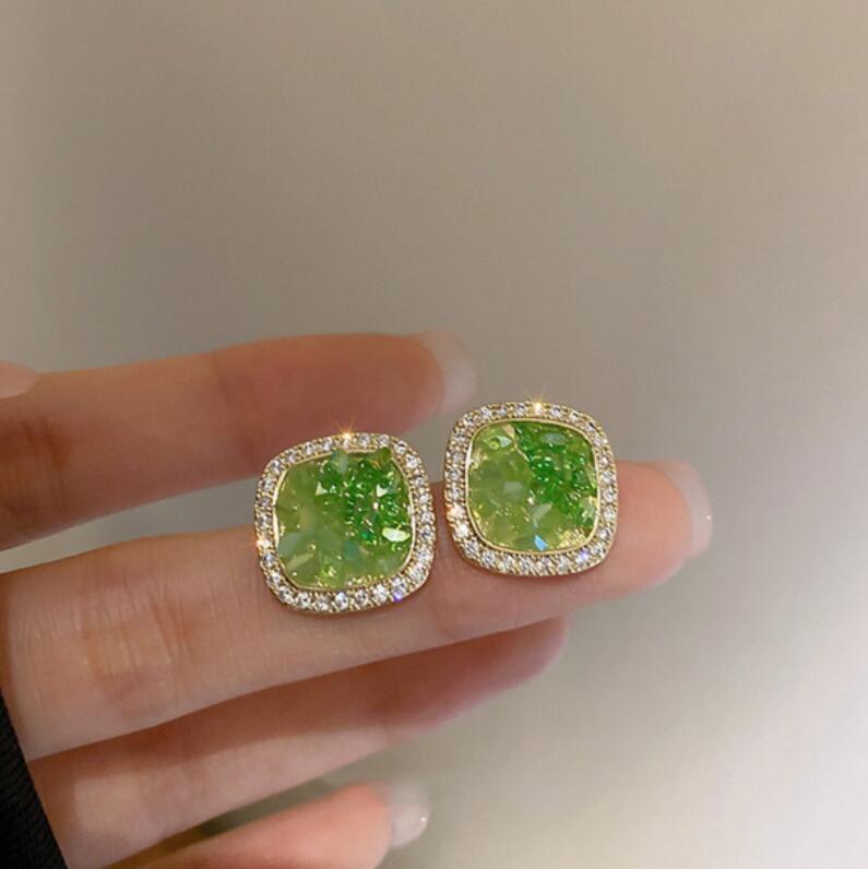 Sterg Sier Green Crystal Stud Earrings for Women, 2024 Fashion Jewelry Gift