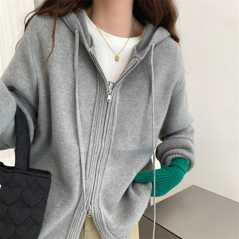 Womens Hooded Sweater Top Small Early Autumn Style New Autumn and Winter Jacket Solid Color Cardigan Womens Knitted