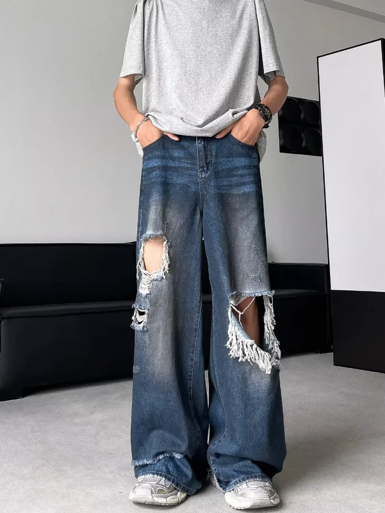 HOUZHOU Hip Hop Ripped Baggy Jeans Men High Street Male Distressed Denim Wide Leg Pants Casual Trousers Vintage Streetwear Loose 240821