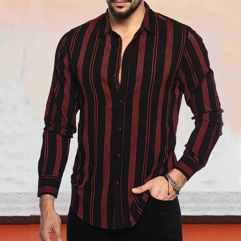Mens button down shirt casual black reddish brown long sleeved striped street daily clothing fashionable and 240808