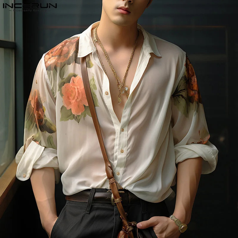 Mens floral shirt printed collar long sleeved button loose mens clothing streetwear casual S5XL INCERUN 240808