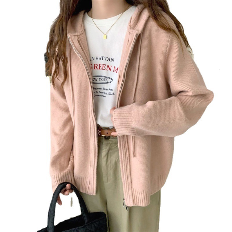 Womens Hooded Sweater Top Small Early Autumn Style New Autumn and Winter Jacket Solid Color Cardigan Womens Knitted